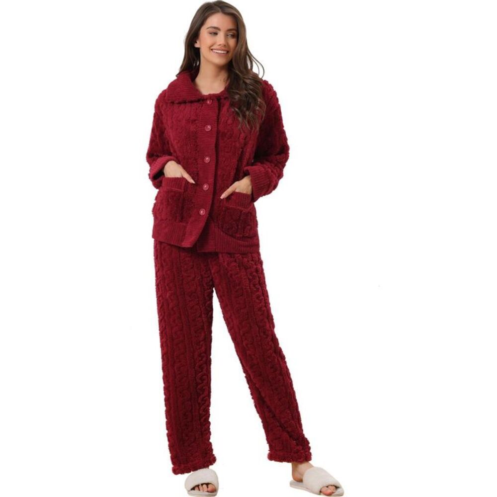 cheibear Women's Soft Warm Fluffy Fleece Button Long Sleeve Sleepwear